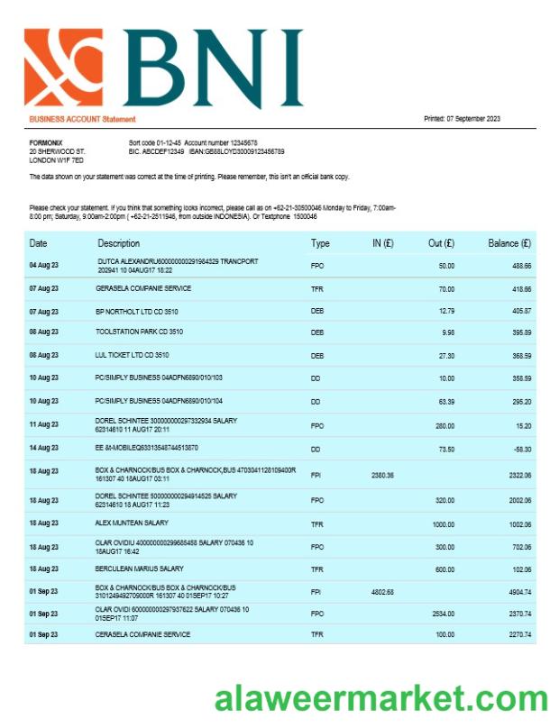 BNI Bank firm statement Word and PDF template
